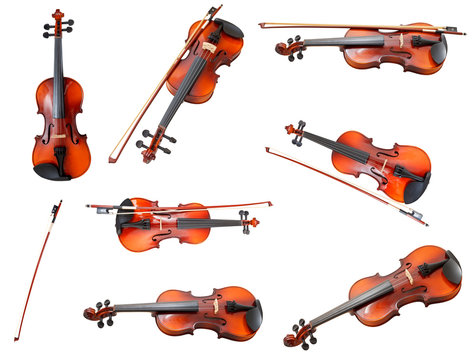 set of classical modern violins and french bows