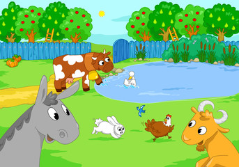 Cartoon funny cute animals in the country