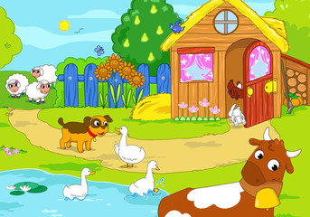 Cartoon funny animals in a farm