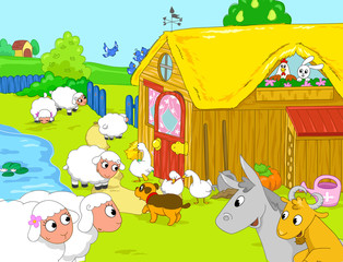 Obraz na płótnie Canvas Farm animal playing together, illustration for kids