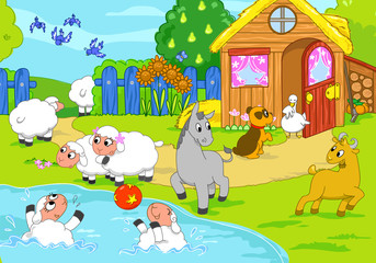 Cartoon farm animals playing together