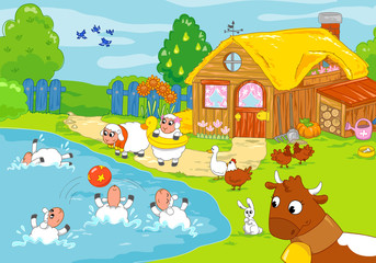 Obraz na płótnie Canvas Cute farm animals playing together