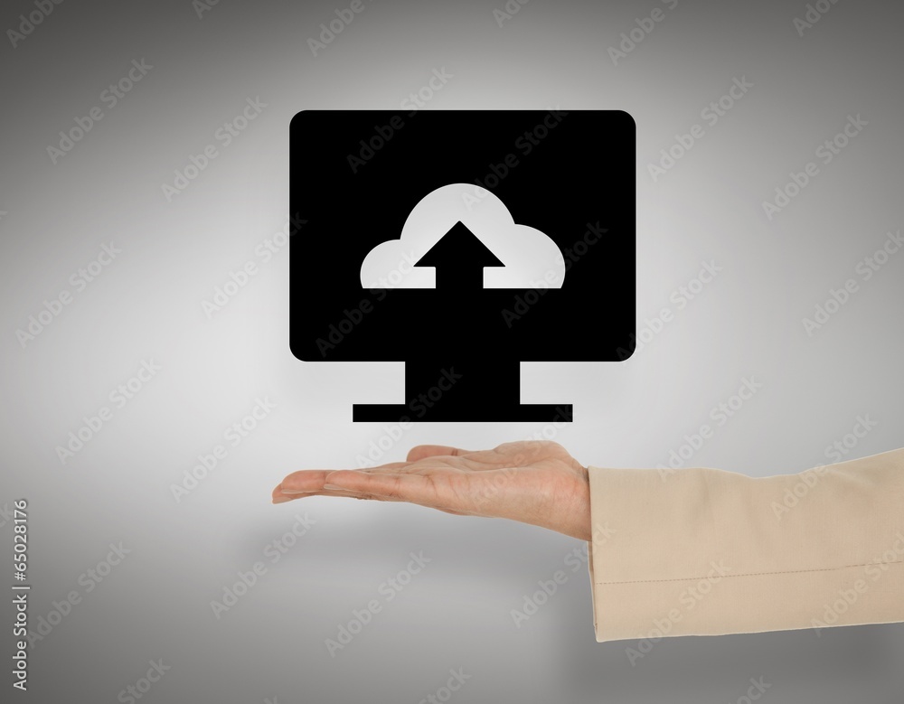 Poster composite image of female hand presenting cloud computing graphi