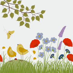 Card with colorful wild flowers and cute birds - 65029104
