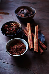 Cocoa, Cinnamon and Anise in Small Dishes
