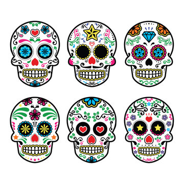 Mexican sugar skull, Dia de los Muertos icons set on white