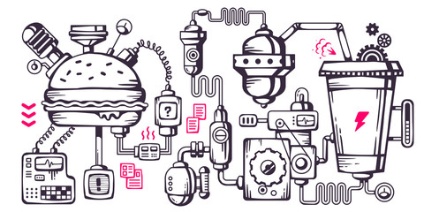 Vector industrial illustration background of the operating mecha