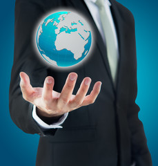 Businessman standing posture hand holding Earth icon isolated