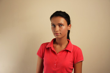 Casual girl at conference on gold background