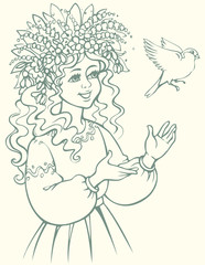 Vector picture. Girl in wreath looking at bird