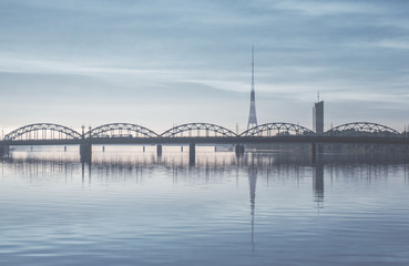 Railway bridge over the Daugava river. Riga, Latvia