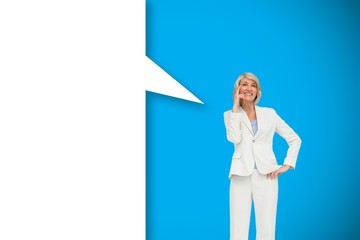 Composite image of thinking businesswoman with speech bubble