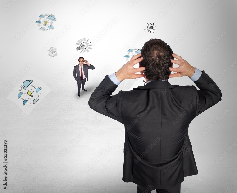 Poster composite image of stressed businessman with hands on head with
