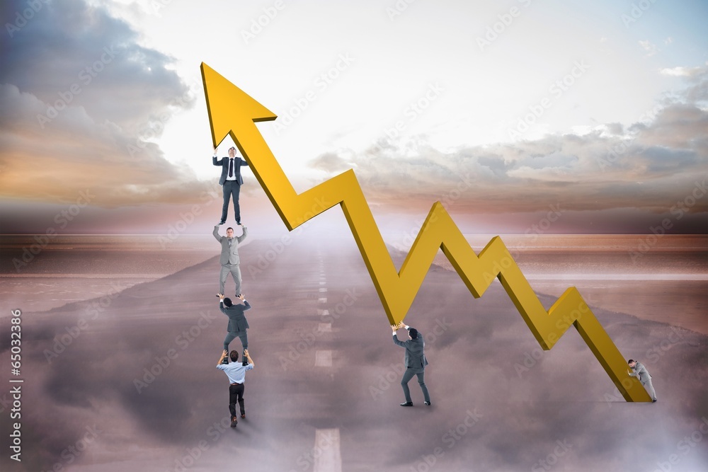 Poster composite image of business team holding up arrow