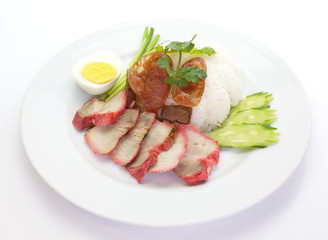 red pork with steamed rice and boil egg