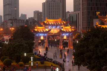 Naklejka premium Night scene of Jinma Biji Historic site in Kunming,China.