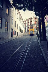 Yellow tram in old Lisbon