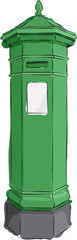 Sketched line drawing of a green Irish antique postbox. 