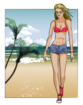 Fashion young girl in sketch-style on a beach-background