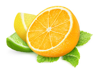 Isolated citrus fruits. Slices of orange, lemon and lime with mint leaf isolated on white background