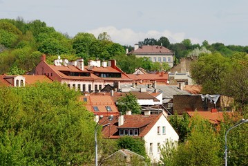 Fototapeta na wymiar Dachy miasta Wilno i drzewa w czasie Wiosny