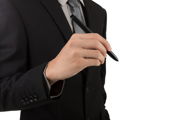 Businessman writing on copy space against white background