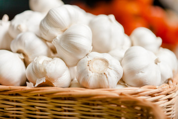 Close up of pile of garlic. Concept of healthy food