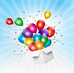 Holiday background with colorful balloons and open box. Vector