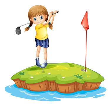 An island with a young girl playing golf