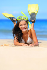 Travel woman on beach vacation with snorkel