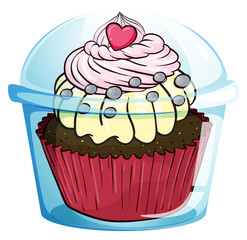 A cupcake inside the disposable cup with a cover