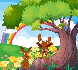 Plakaty  Zabawne dzikie zwierzęta pod wielkim drzewem
