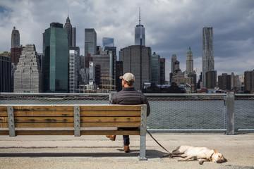 Naklejka premium Mann mit Hund vor der Skyline Manhattan New York