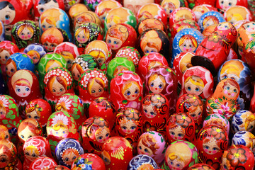 Fototapeta na wymiar Russia, Moscow gift shop with colored dolls