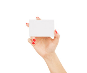 Female hand holding a blank business card