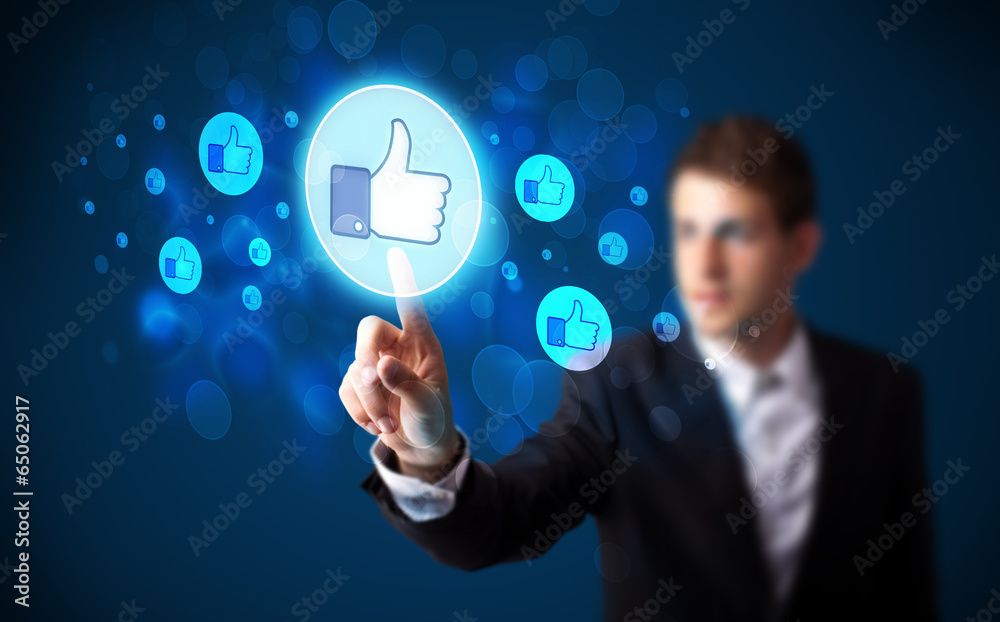 Poster handsome person pressing thumbs up button on modern social netwo