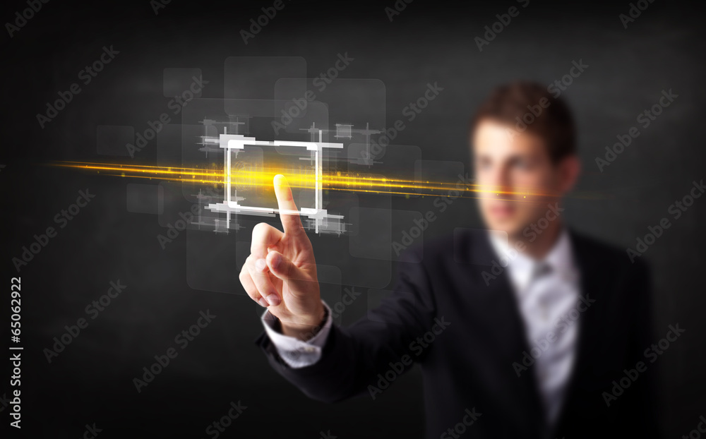 Poster tech business person touching button with orange light beams con