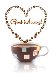 Coffee mug with coffee beans shaped heart with good morning sign