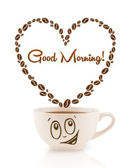 Coffee mug with coffee beans shaped heart with good morning sign