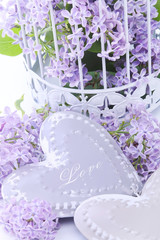Beautiful decoration with bouquet of flowers and hearts - obrazy, fototapety, plakaty