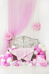 birthday party room background with gift boxes. Kids presents