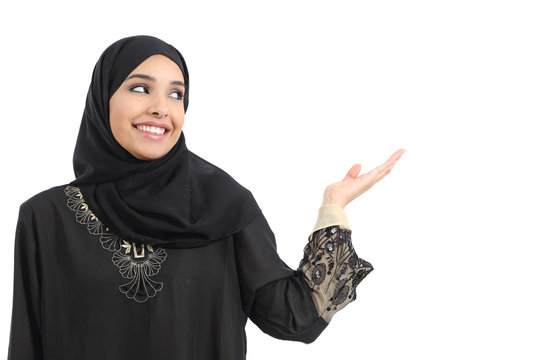 Arab saudi emirates woman promoter presenting looking at side