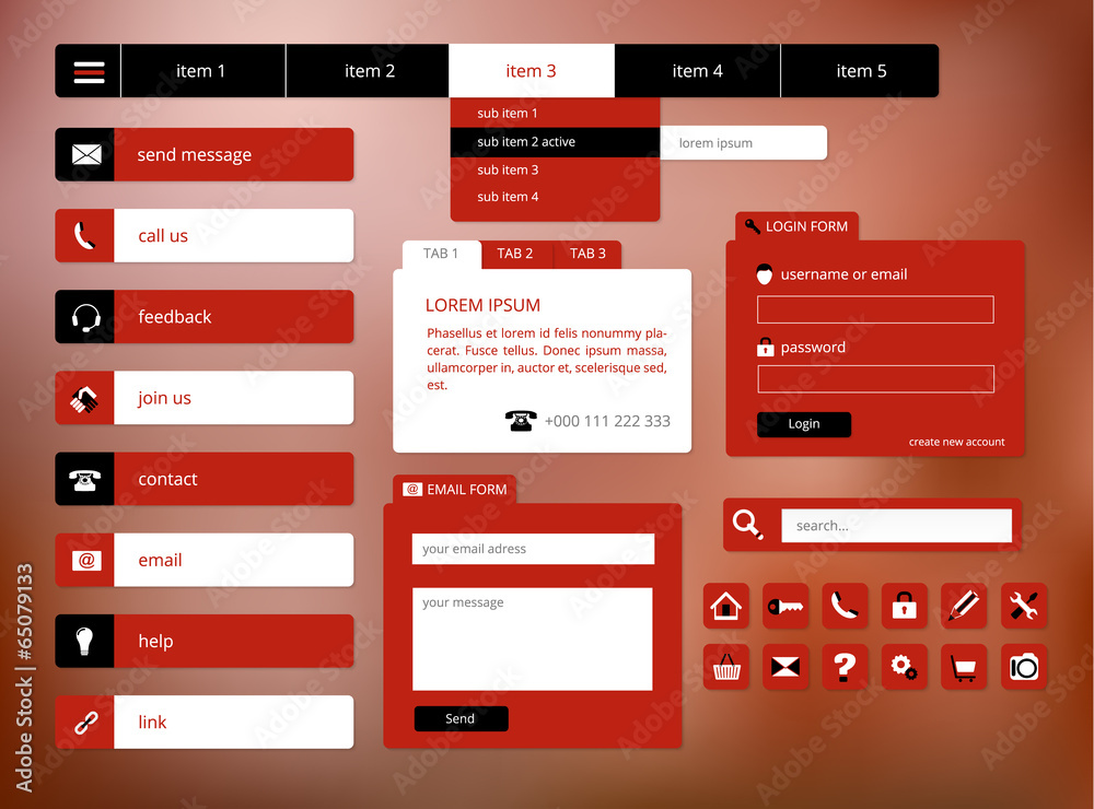 Wall mural modern black and red web ui elements