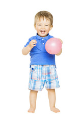 Happy kid little boy with balloon. Child white background