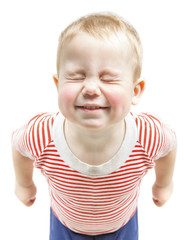 Child boy funny smiling and narrow closed eyes, happy baby dream