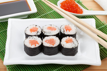 Sushi set, chopsticks, red caviar and soy sauce