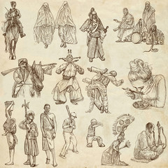 Fototapeta na wymiar People around the World - X (hand drawn on old paper)