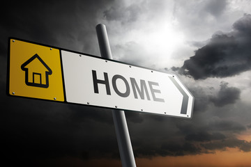 Home direction. Yellow traffic sign.