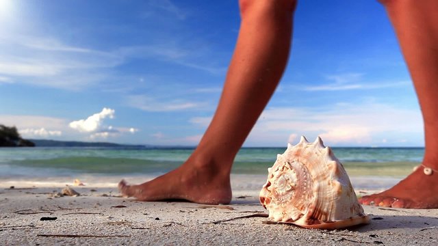 Seashell and woman on tropical beach, Boracay, Philipp