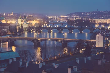 Türaufkleber Prag in der Dämmerung, Blick auf die Brücken an der Moldau © william87